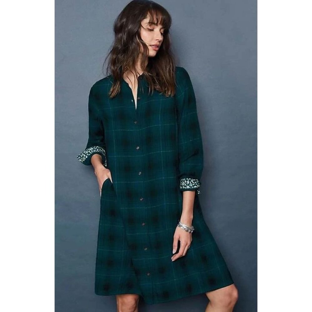 J Jill Long Sleeve Plaid A-Line Shirt Dress Women M Midi Pocket Grunge Indie